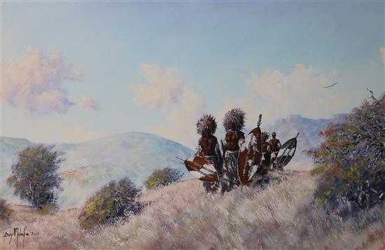 Boyi Molefe, oil on board, Zulu Warriors in a landscape, signed and dated 2001, 43 x 67cm and three assorted watercolours